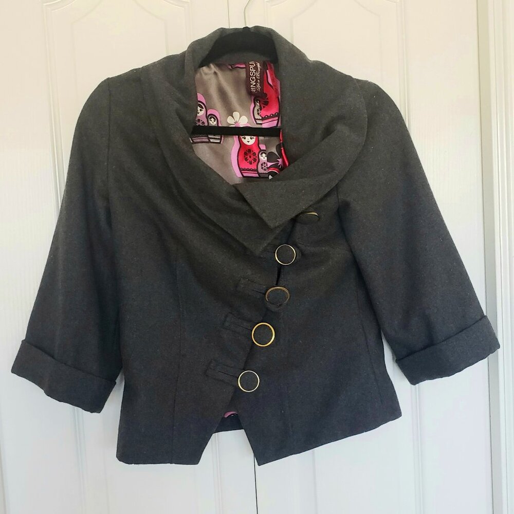 Y2K Ringspun UK Brand Women's short Grey Wool Jacket with Asymmetrical Buttons